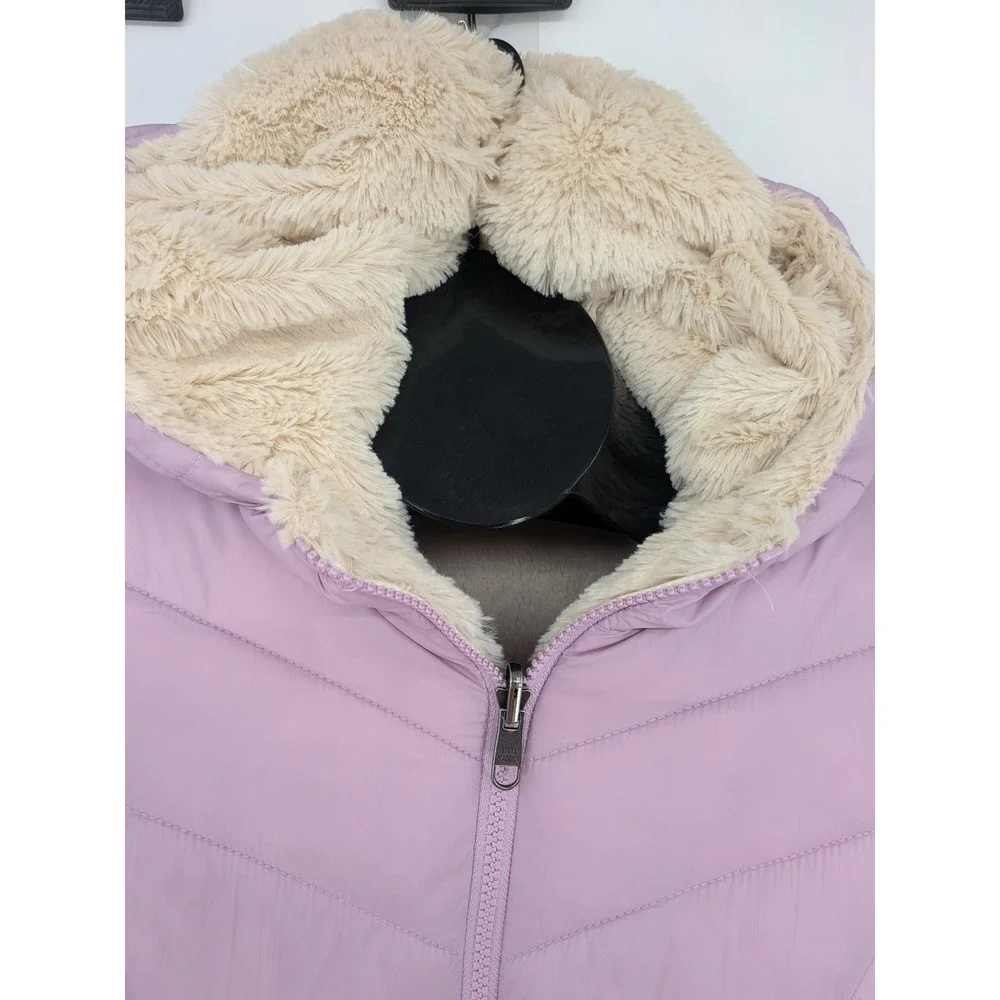 Steven Madden Reversible Puffer Jacket Lavender Faux Fur Hood Cozy Girls 14/16